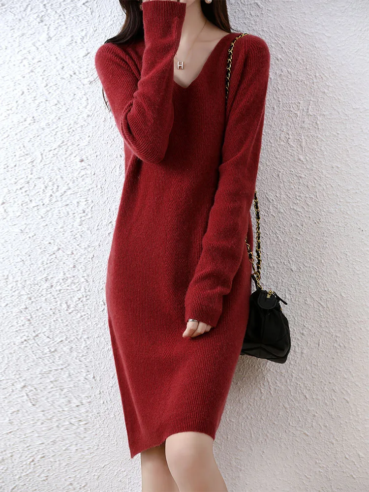 Womens Elegant Cashmere Sweater Dresses 100% Merino Wool Sexy V-Neck Casual Knitted Skirt Fall Winter Ladies Black Dress Clothes