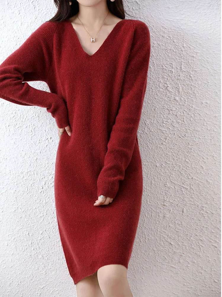 Womens Elegant Cashmere Sweater Dresses 100% Merino Wool Sexy V-Neck Casual Knitted Skirt Fall Winter Ladies Black Dress Clothes