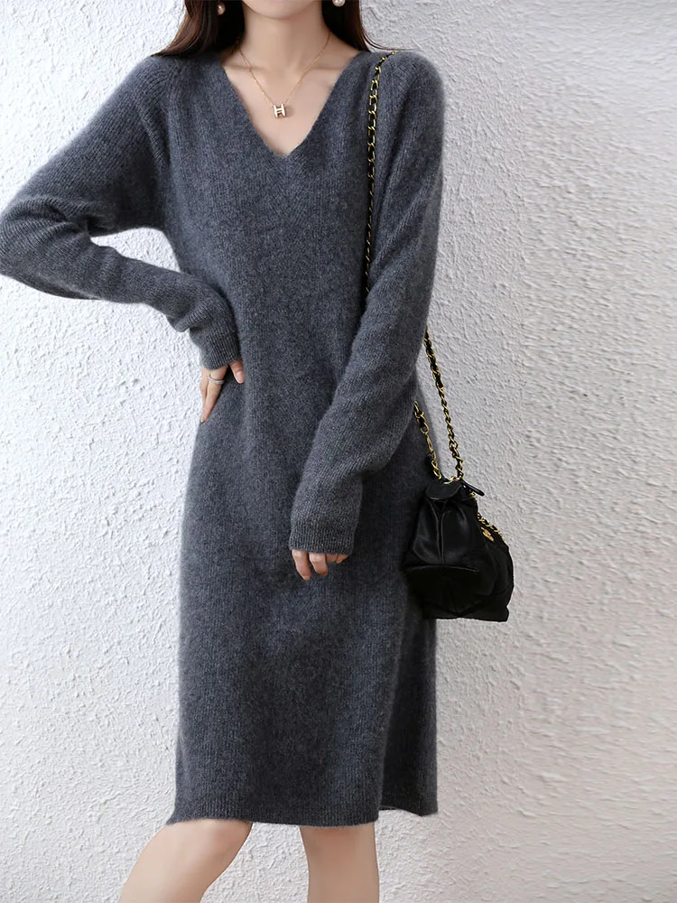 Womens Elegant Cashmere Sweater Dresses 100% Merino Wool Sexy V-Neck Casual Knitted Skirt Fall Winter Ladies Black Dress Clothes