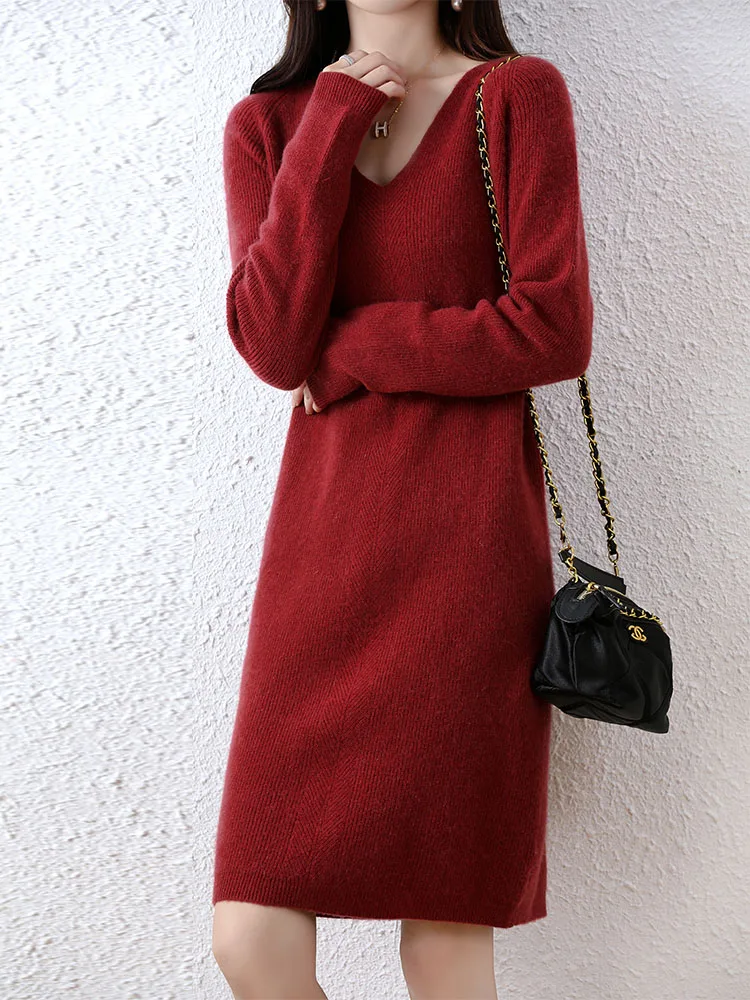 Womens Elegant Cashmere Sweater Dresses 100% Merino Wool Sexy V-Neck Casual Knitted Skirt Fall Winter Ladies Black Dress Clothes