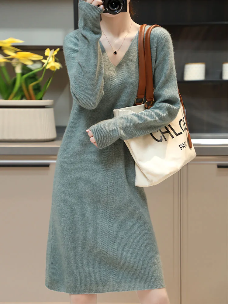 Womens Elegant Cashmere Sweater Dresses 100% Merino Wool Sexy V-Neck Casual Knitted Skirt Fall Winter Ladies Black Dress Clothes