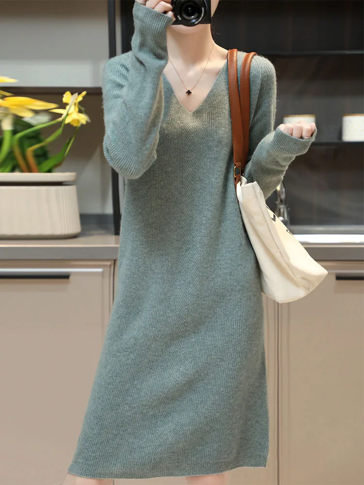 Womens Elegant Cashmere Sweater Dresses 100% Merino Wool Sexy V-Neck Casual Knitted Skirt Fall Winter Ladies Black Dress Clothes