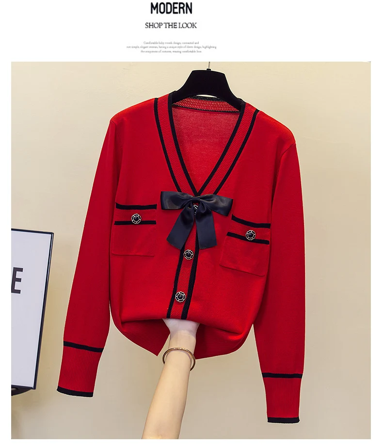Fashion Women Sweater Single-breasted splicing long sleeves Cardigan V-Neck Female Casual Knitted Cardigan Women clothing