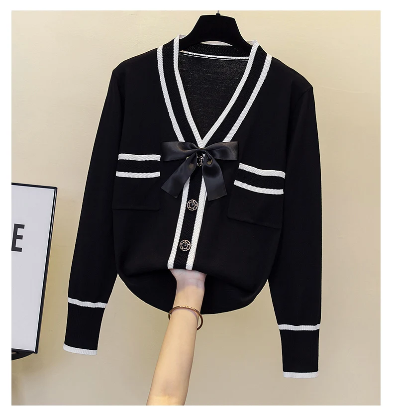 Fashion Women Sweater Single-breasted splicing long sleeves Cardigan V-Neck Female Casual Knitted Cardigan Women clothing