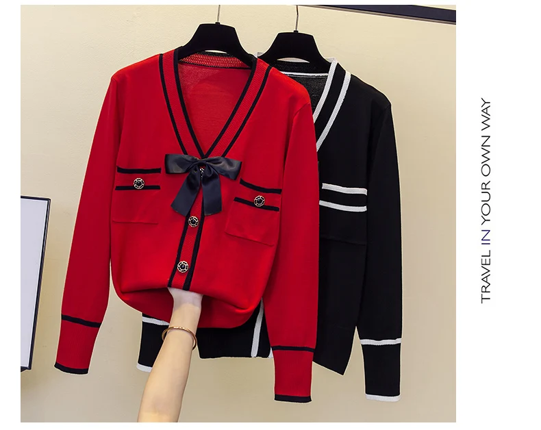 Fashion Women Sweater Single-breasted splicing long sleeves Cardigan V-Neck Female Casual Knitted Cardigan Women clothing