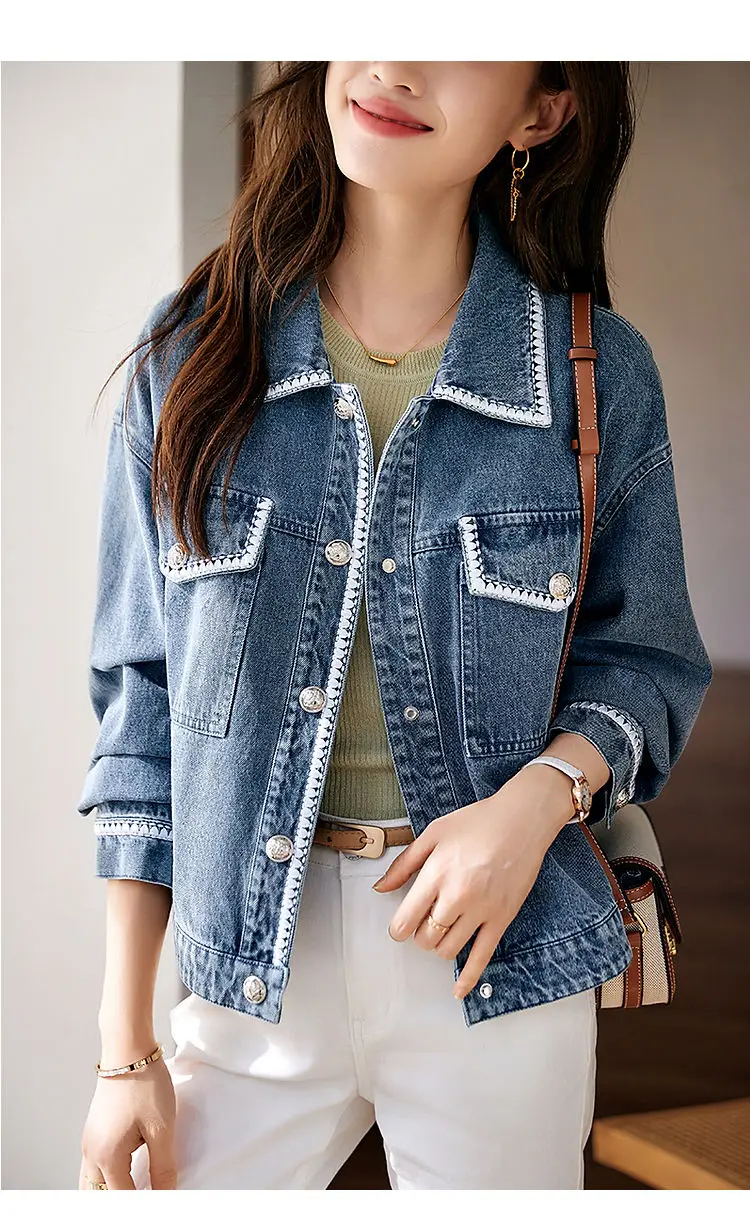 New Denim Jacket Women's Summer Fashion Outerwear Webbing Casual Basic Coat Female Bomber Coats Motorcycle Jacket Top Blue 3XL