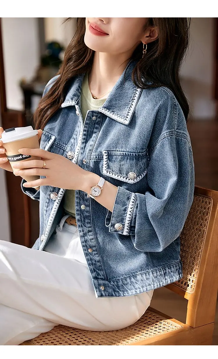 New Denim Jacket Women's Summer Fashion Outerwear Webbing Casual Basic Coat Female Bomber Coats Motorcycle Jacket Top Blue 3XL