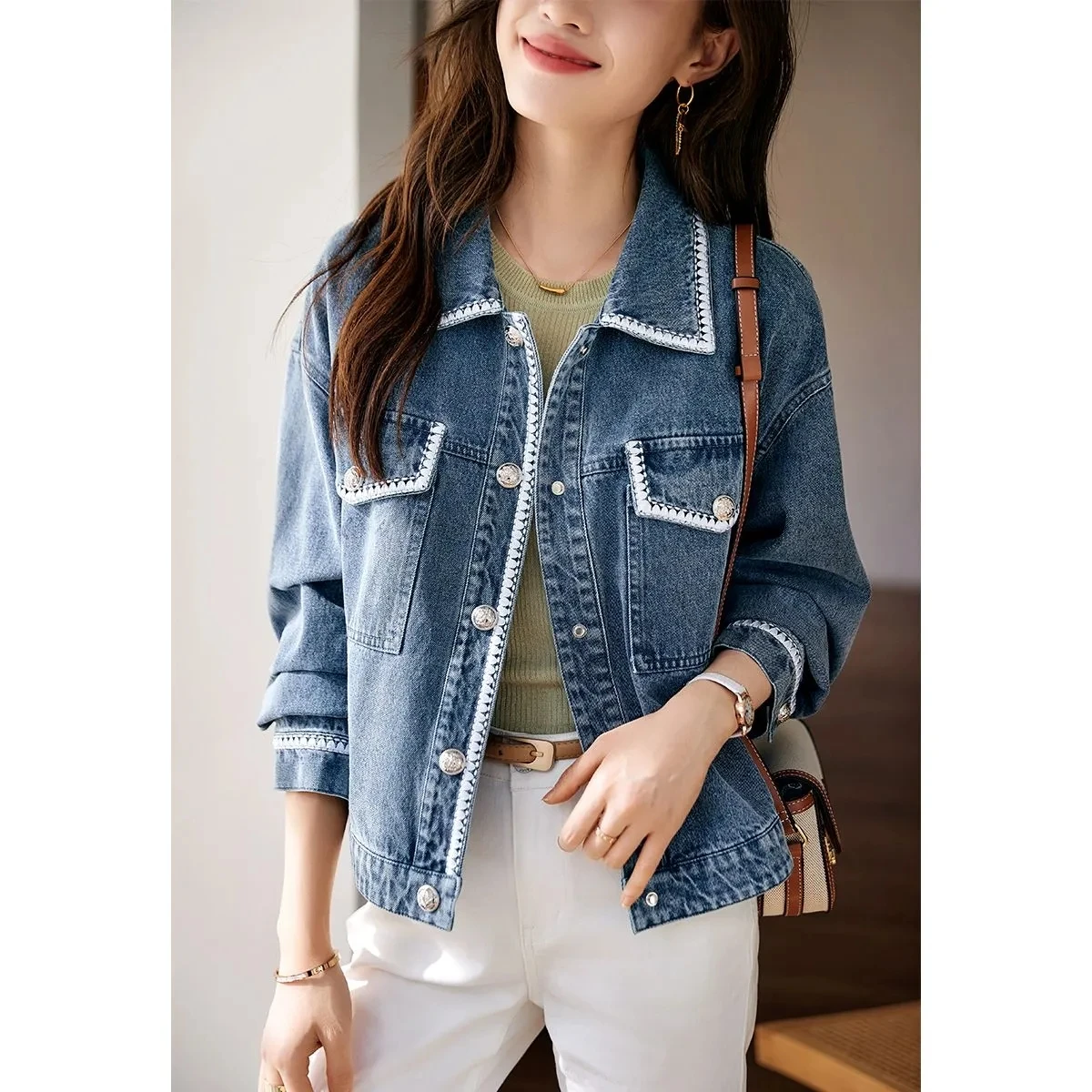New Denim Jacket Women's Summer Fashion Outerwear Webbing Casual Basic Coat Female Bomber Coats Motorcycle Jacket Top Blue 3XL