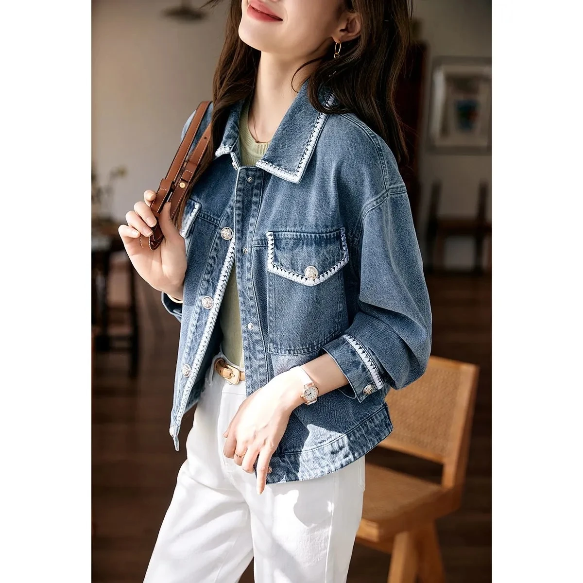 New Denim Jacket Women's Summer Fashion Outerwear Webbing Casual Basic Coat Female Bomber Coats Motorcycle Jacket Top Blue 3XL