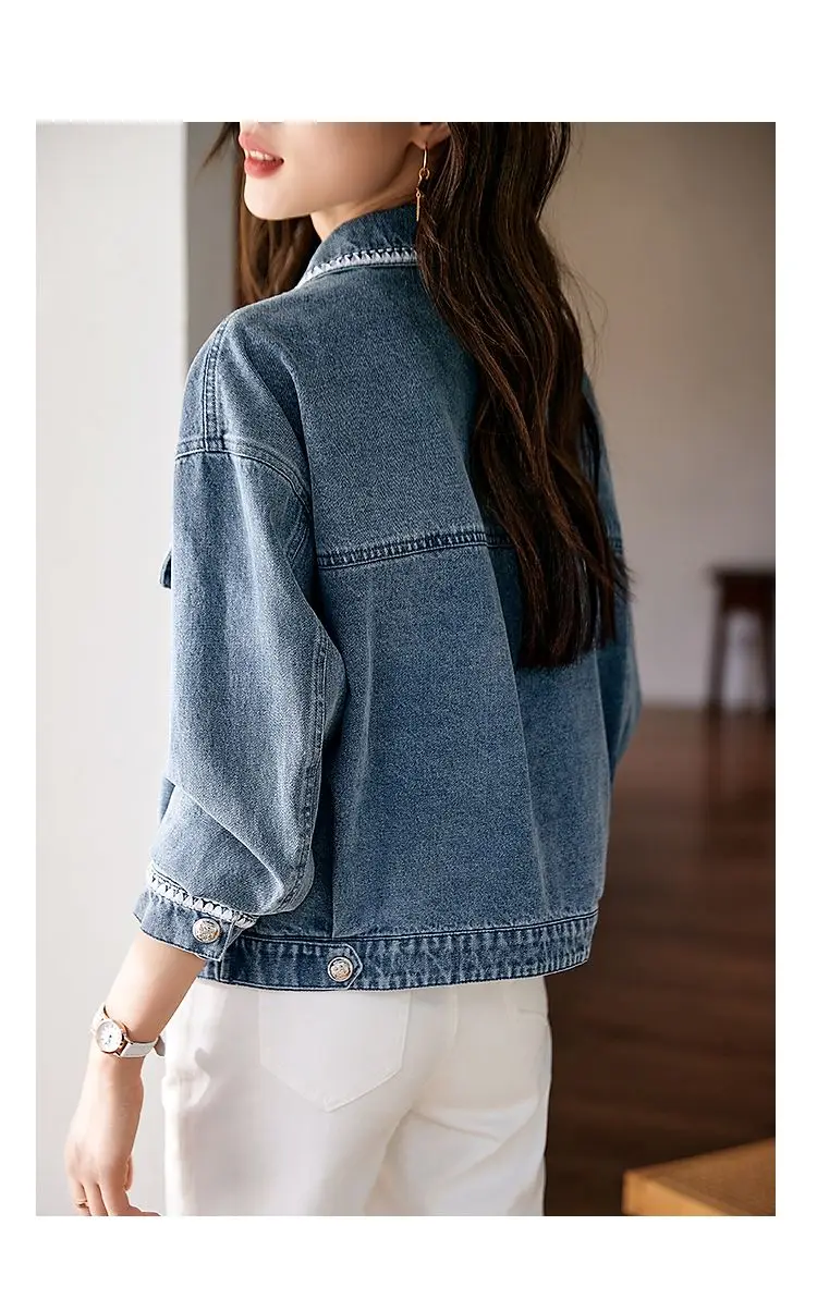 New Denim Jacket Women's Summer Fashion Outerwear Webbing Casual Basic Coat Female Bomber Coats Motorcycle Jacket Top Blue 3XL