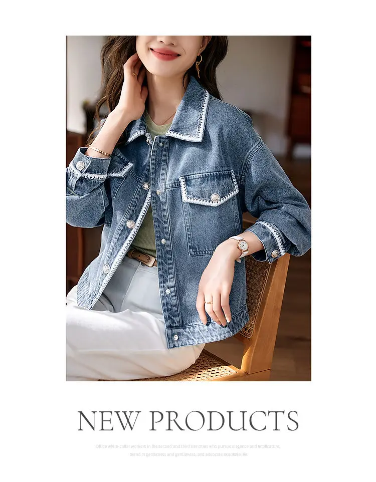 New Denim Jacket Women's Summer Fashion Outerwear Webbing Casual Basic Coat Female Bomber Coats Motorcycle Jacket Top Blue 3XL