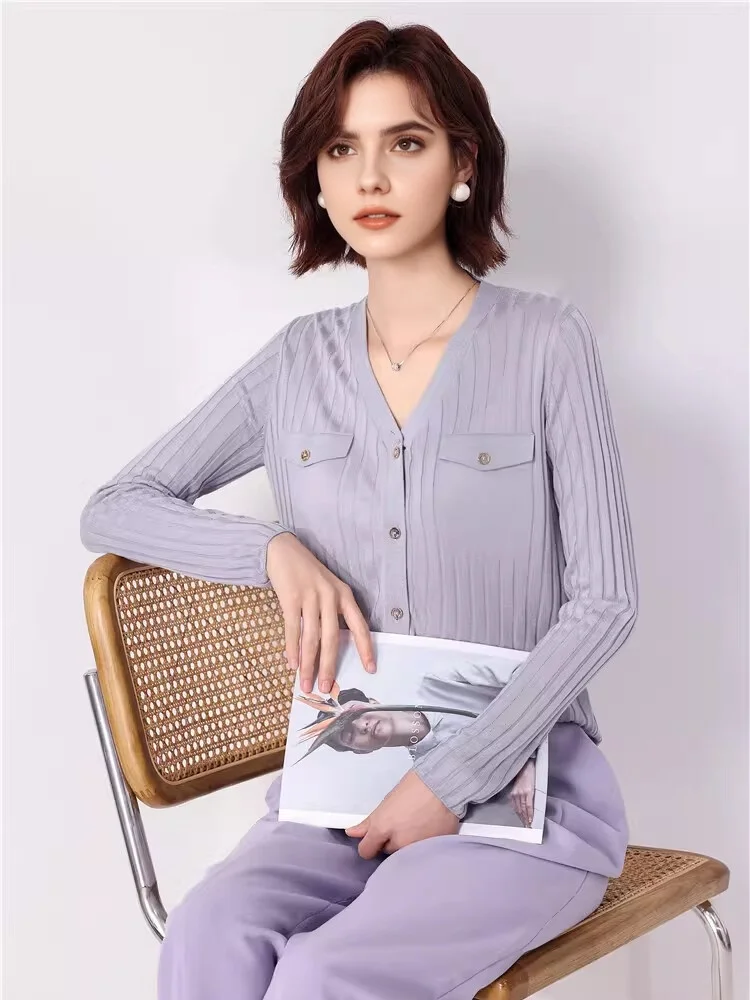 SuyaDream, Woman Cardigan, Single Breasted Silk Blend, Ribs Thin Knitwear, 2026 Spring Summer Casual Outwears, Pink, Sky blue