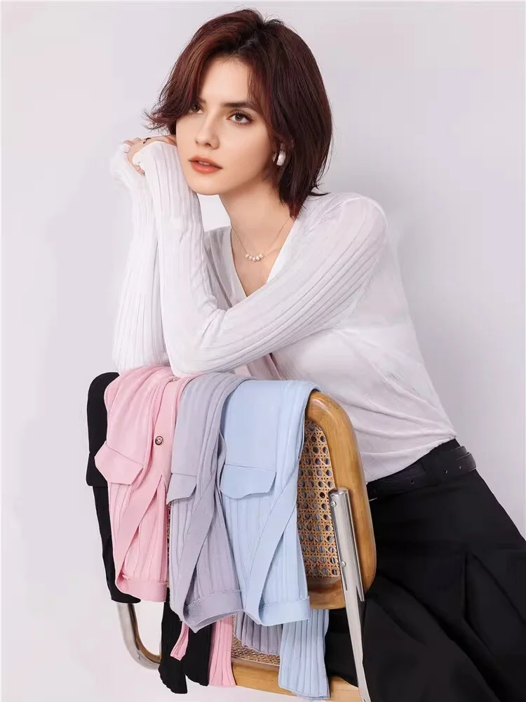 SuyaDream, Woman Cardigan, Single Breasted Silk Blend, Ribs Thin Knitwear, 2026 Spring Summer Casual Outwears, Pink, Sky blue
