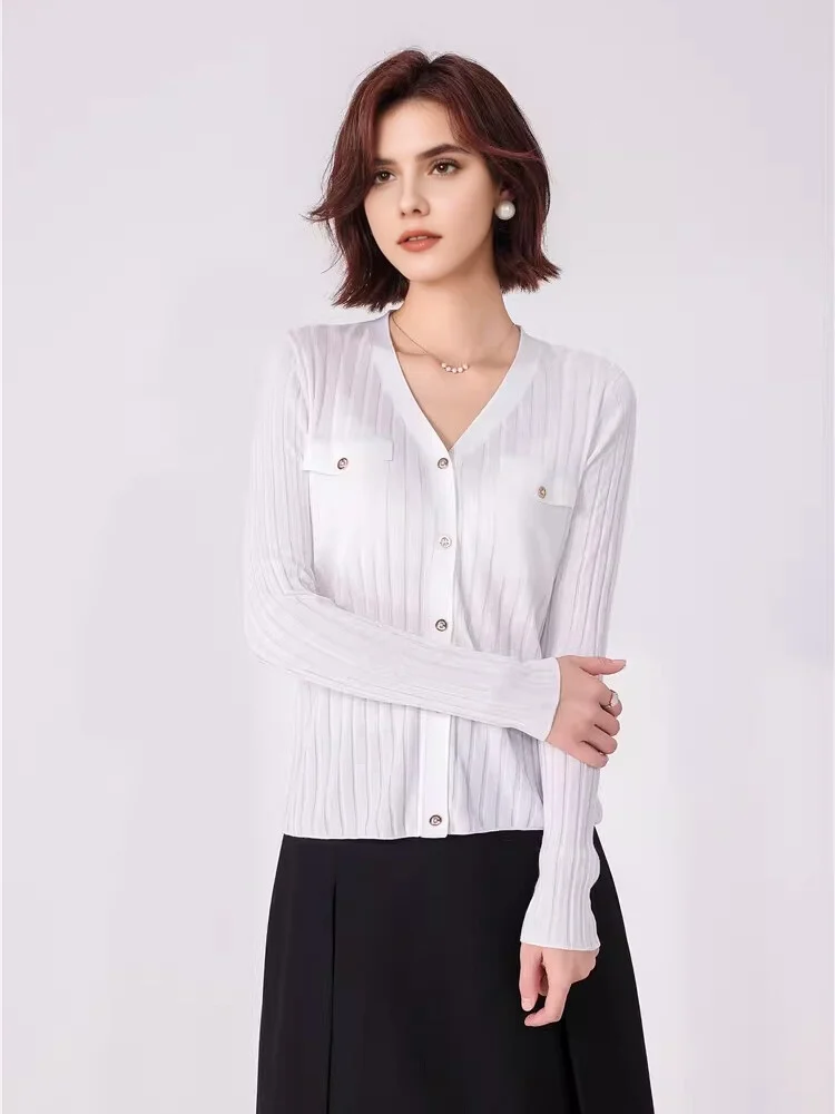 SuyaDream, Woman Cardigan, Single Breasted Silk Blend, Ribs Thin Knitwear, 2026 Spring Summer Casual Outwears, Pink, Sky blue