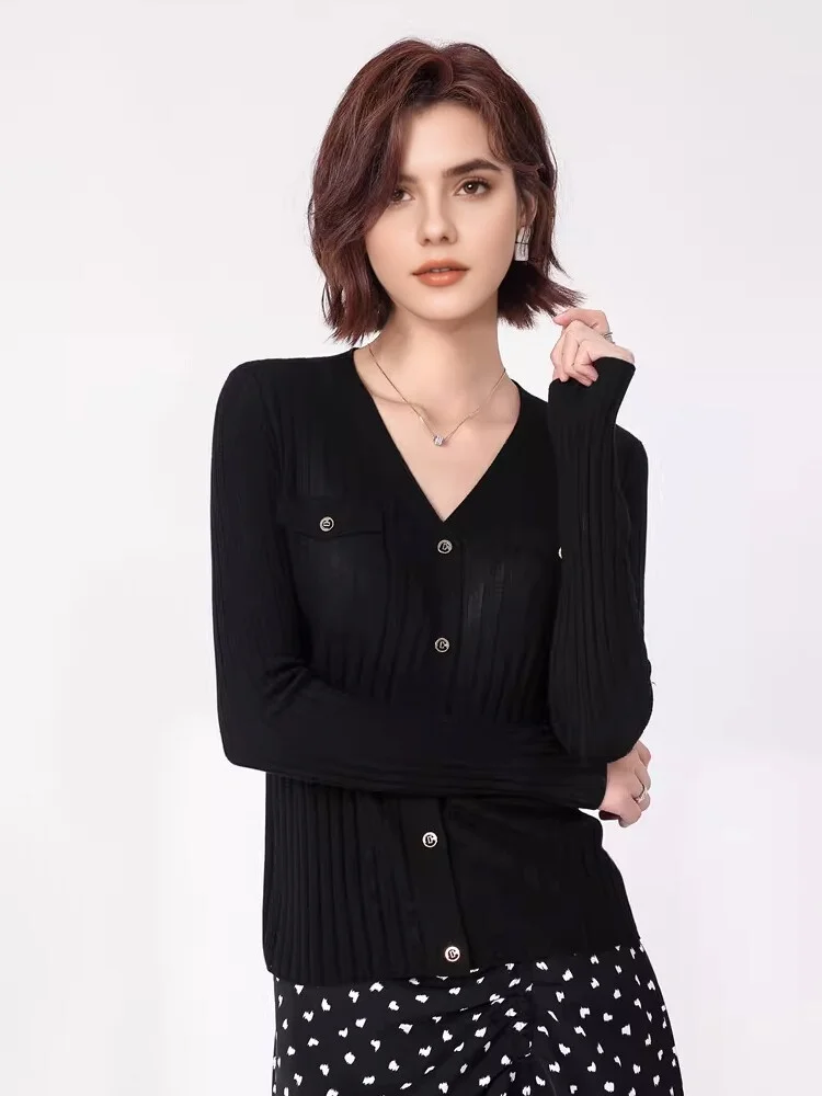 SuyaDream, Woman Cardigan, Single Breasted Silk Blend, Ribs Thin Knitwear, 2026 Spring Summer Casual Outwears, Pink, Sky blue