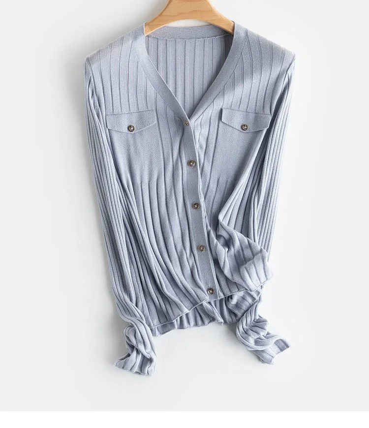 SuyaDream, Woman Cardigan, Single Breasted Silk Blend, Ribs Thin Knitwear, 2026 Spring Summer Casual Outwears, Pink, Sky blue
