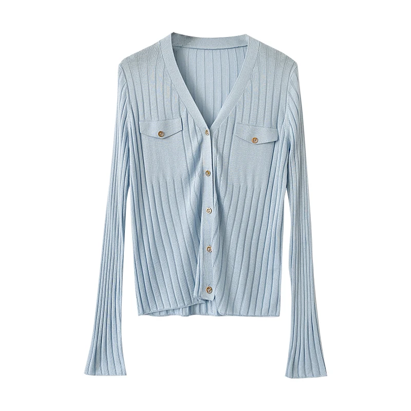 SuyaDream, Woman Cardigan, Single Breasted Silk Blend, Ribs Thin Knitwear, 2026 Spring Summer Casual Outwears, Pink, Sky blue