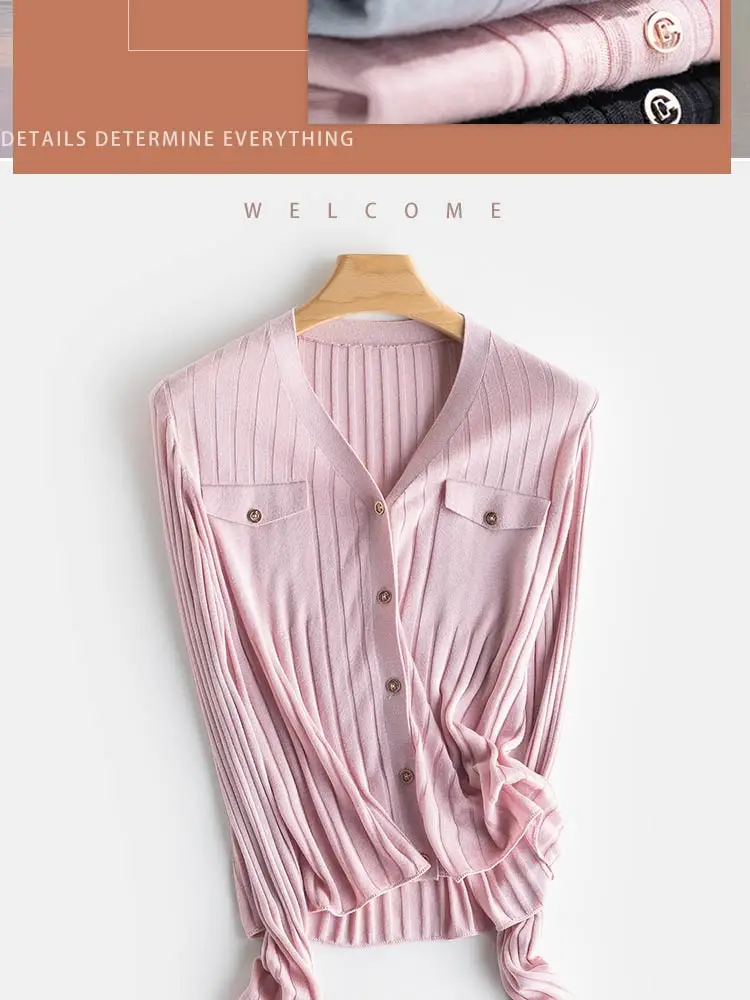 SuyaDream, Woman Cardigan, Single Breasted Silk Blend, Ribs Thin Knitwear, 2026 Spring Summer Casual Outwears, Pink, Sky blue