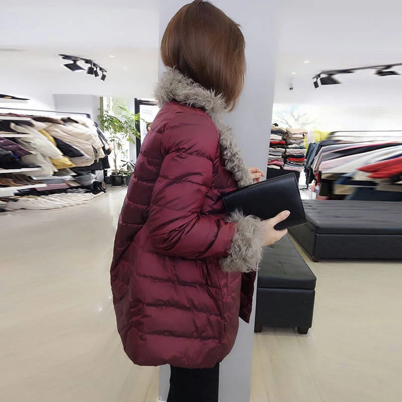 Women Down Padded Jacket 2021Female Winter New Loose Big Fur Collar Net Red Down Padded Jacket Mid-length Bread Jacket TrendA499
