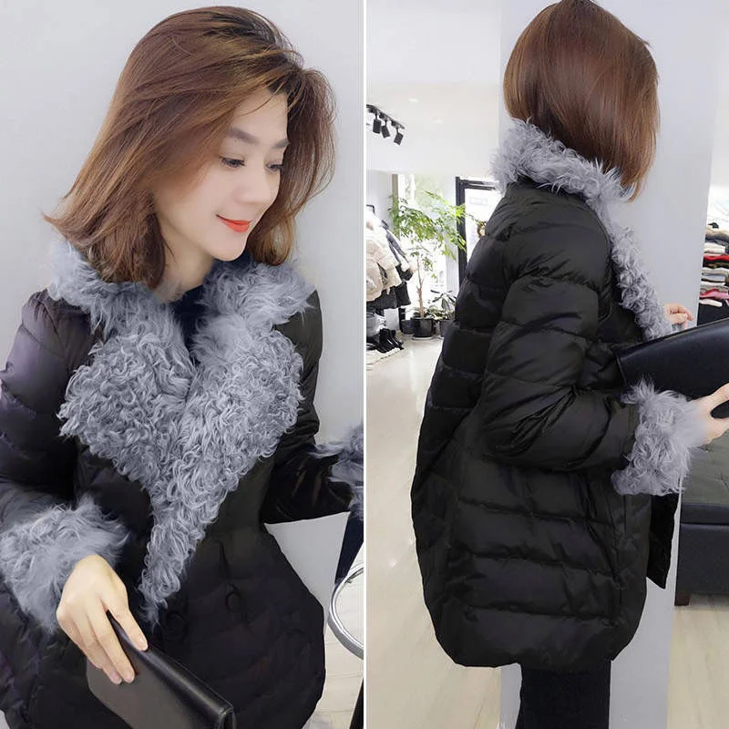 Women Down Padded Jacket 2021Female Winter New Loose Big Fur Collar Net Red Down Padded Jacket Mid-length Bread Jacket TrendA499