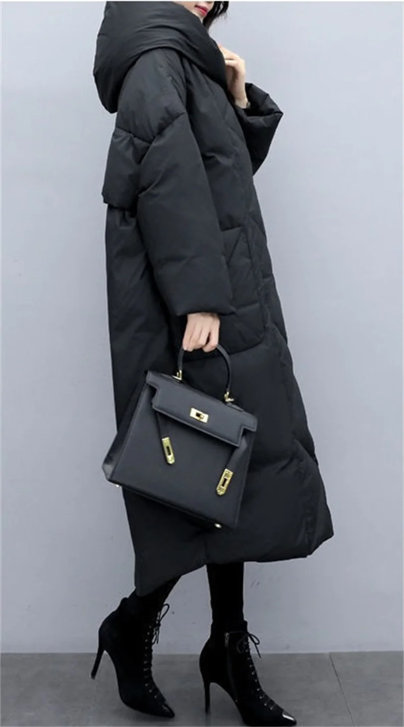 2022Winter New Women Fashion Korean Loose Mid-length Section The Knee Coat Fashion Black Down Cotton Jacket Female Thick A823