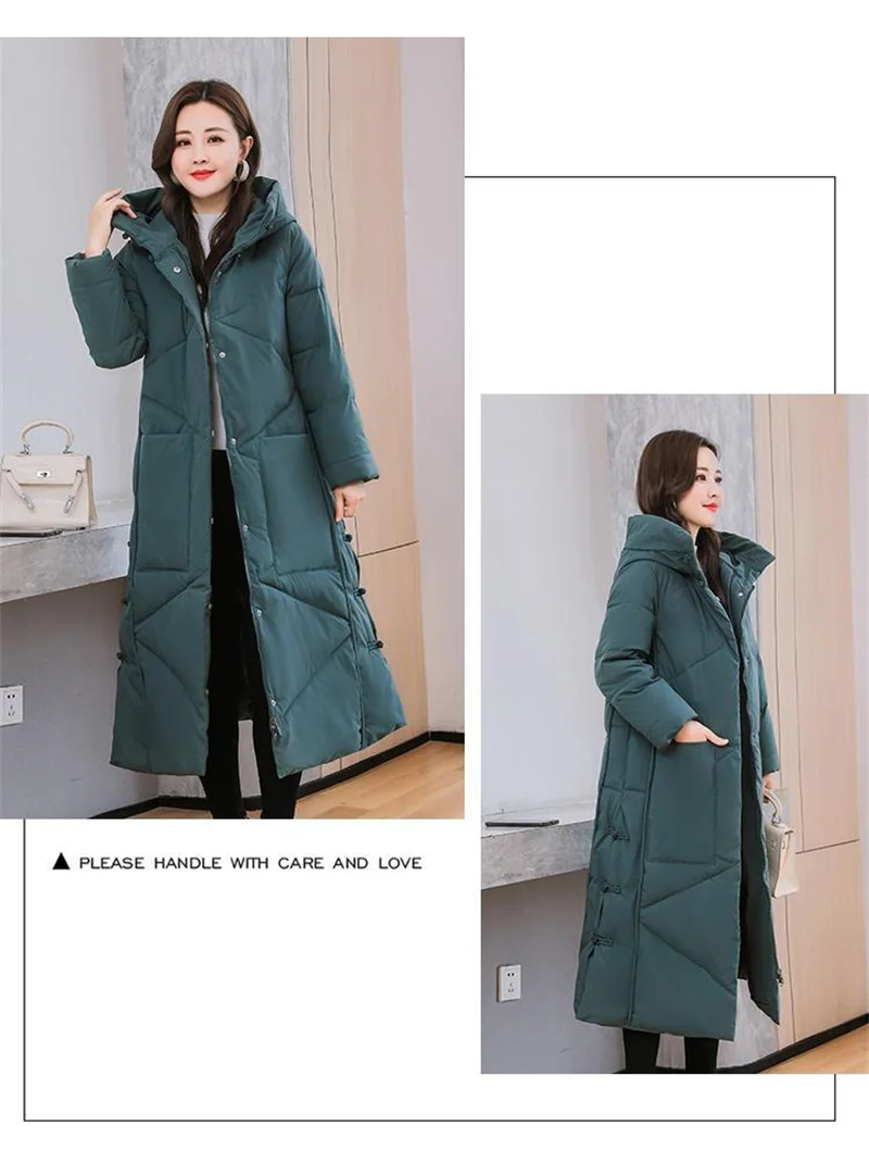 2022Winter New Women Fashion Korean Loose Mid-length Section The Knee Coat Fashion Black Down Cotton Jacket Female Thick A823
