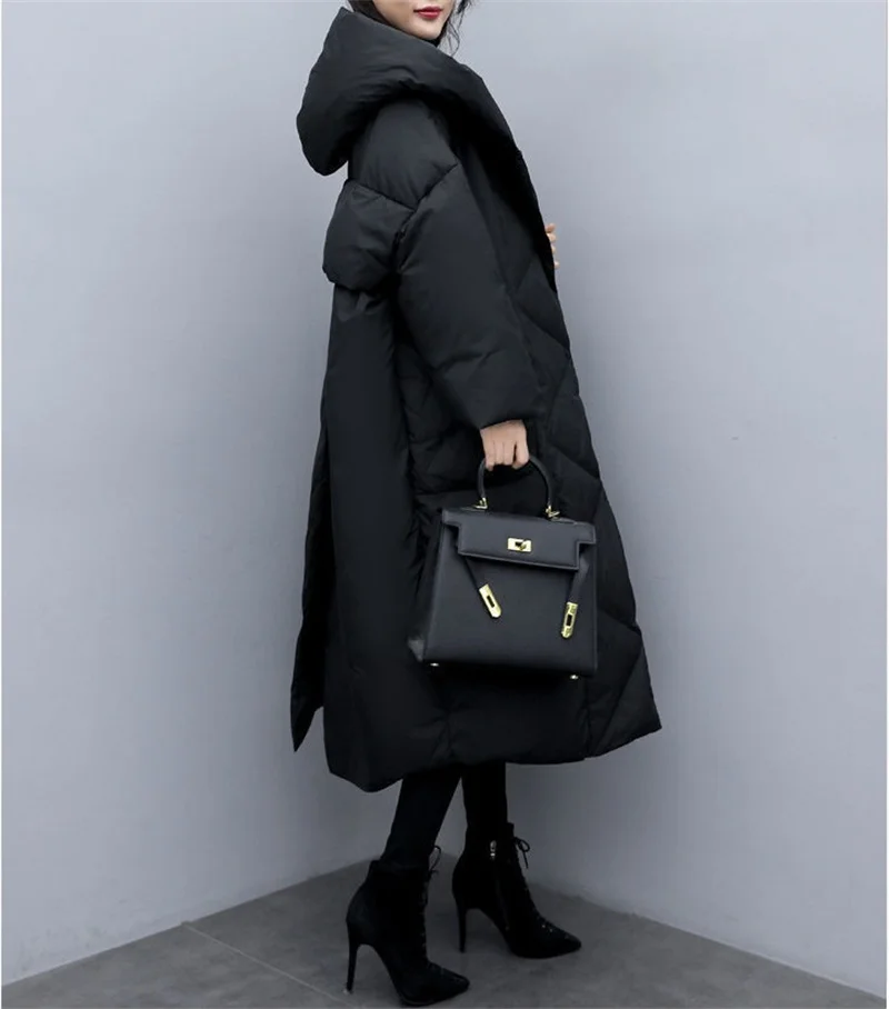 2022Winter New Women Fashion Korean Loose Mid-length Section The Knee Coat Fashion Black Down Cotton Jacket Female Thick A823