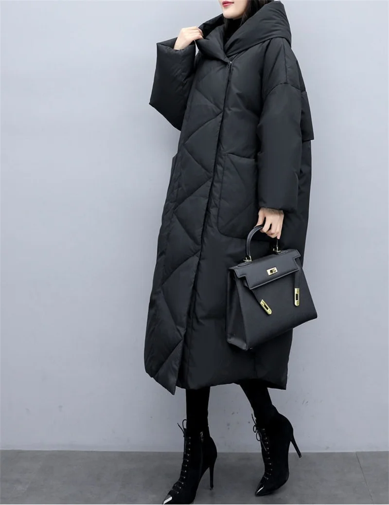 2022Winter New Women Fashion Korean Loose Mid-length Section The Knee Coat Fashion Black Down Cotton Jacket Female Thick A823