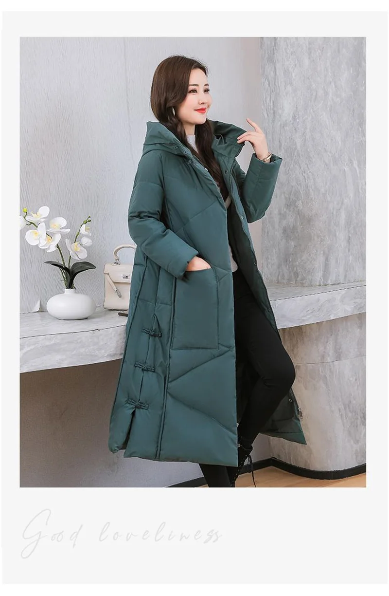 2022Winter New Women Fashion Korean Loose Mid-length Section The Knee Coat Fashion Black Down Cotton Jacket Female Thick A823