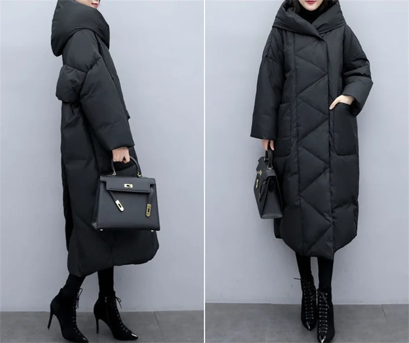 2022Winter New Women Fashion Korean Loose Mid-length Section The Knee Coat Fashion Black Down Cotton Jacket Female Thick A823