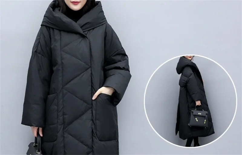 2022Winter New Women Fashion Korean Loose Mid-length Section The Knee Coat Fashion Black Down Cotton Jacket Female Thick A823