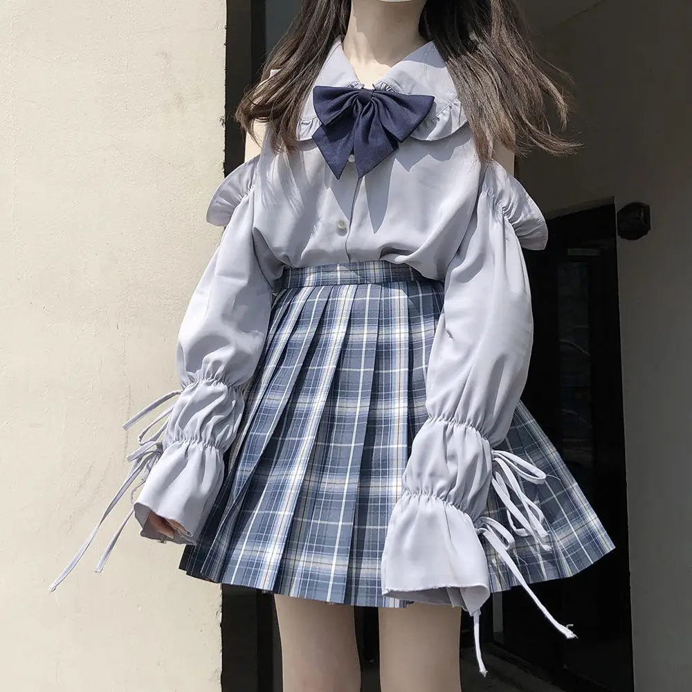 2025 New Japanese Chiffon Shirts Women Lolita Doll Collar Long-Sleeved White Shirt Female Off-shoulder Tops