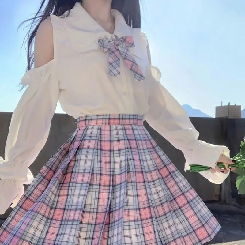2025 New Japanese Chiffon Shirts Women Lolita Doll Collar Long-Sleeved White Shirt Female Off-shoulder Tops
