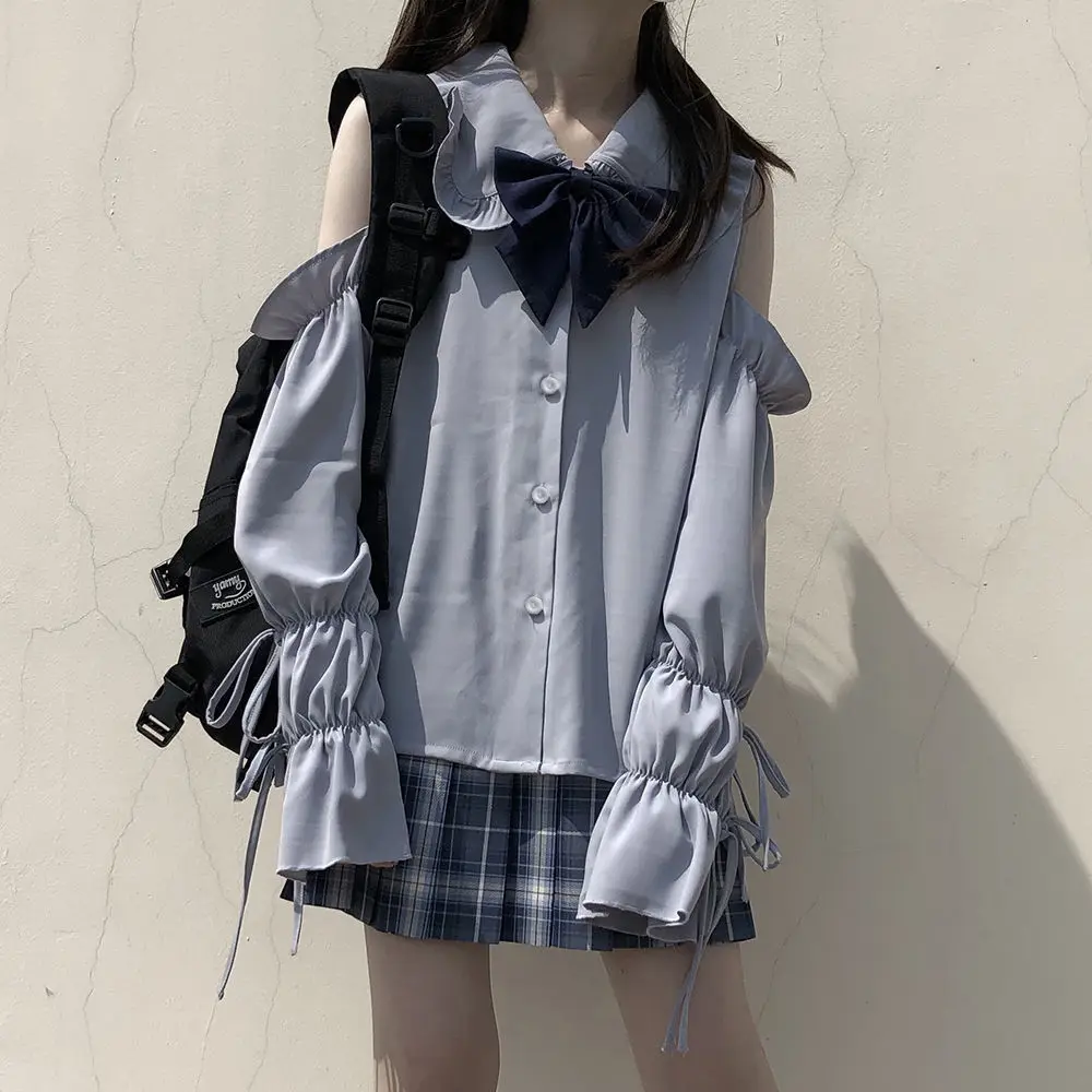 2025 New Japanese Chiffon Shirts Women Lolita Doll Collar Long-Sleeved White Shirt Female Off-shoulder Tops