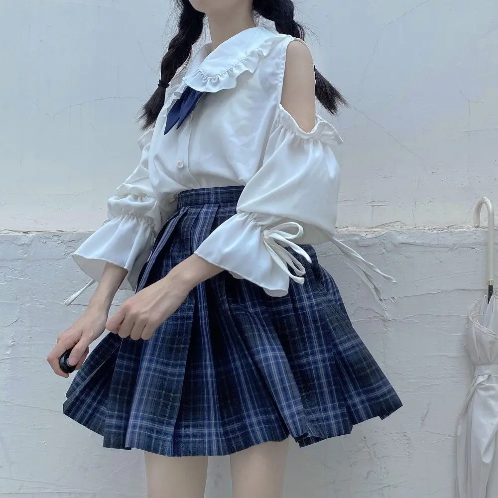 2025 New Japanese Chiffon Shirts Women Lolita Doll Collar Long-Sleeved White Shirt Female Off-shoulder Tops