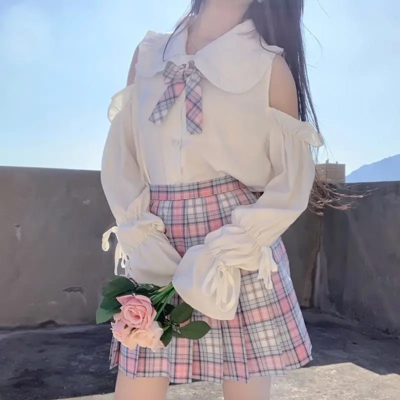 2025 New Japanese Chiffon Shirts Women Lolita Doll Collar Long-Sleeved White Shirt Female Off-shoulder Tops