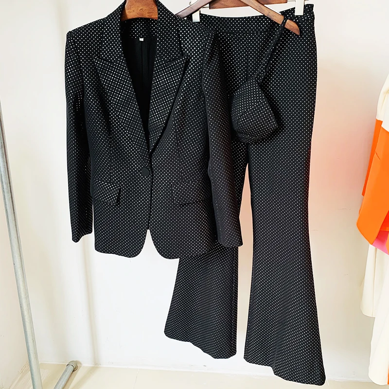 HIGH QUALITY New Fashion 2026 Designer Blazer Suit Set Women's Single Button Diamonds Beaded Camis Blazer Pants Suit 3pcs Set