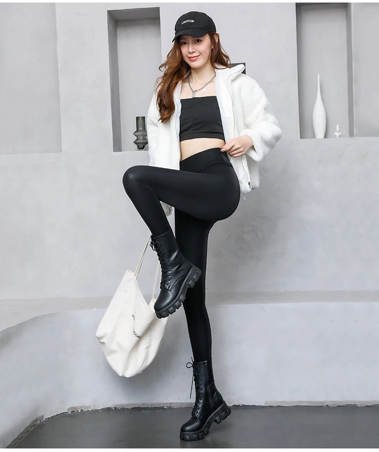 BIVIGAOS Autumn Winter Velvet PU Leather Leggings Women Sexy High Waist Fleece Matte Leather Leggings Thick Warm Leather Pants