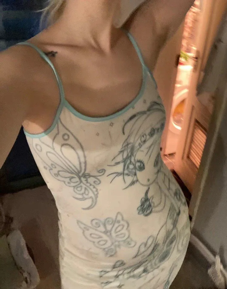 Karrram Y2k Aesthetics Cami Top Fairycore Anime Print Camisole 2000s Kawaii Crop Top Japanese Harajuku Tank Tops Grunge E-girls