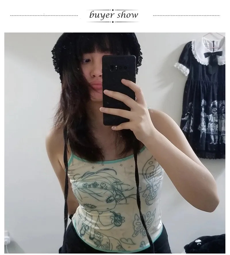 Karrram Y2k Aesthetics Cami Top Fairycore Anime Print Camisole 2000s Kawaii Crop Top Japanese Harajuku Tank Tops Grunge E-girls