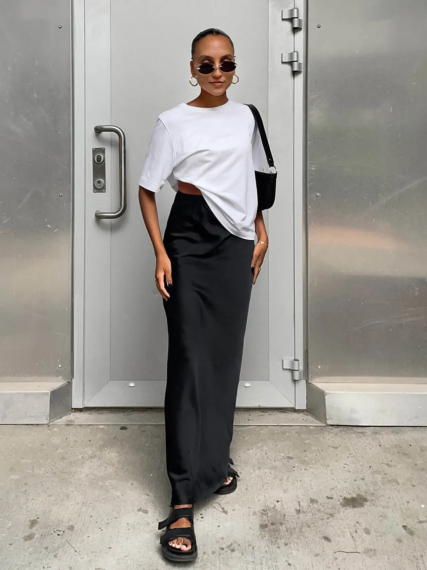 Elegant Satin Black Trumpet Skirts Fashion Slim High Waist Skirts Women Female 2024 Solid Office Long Skirt Spring Summer