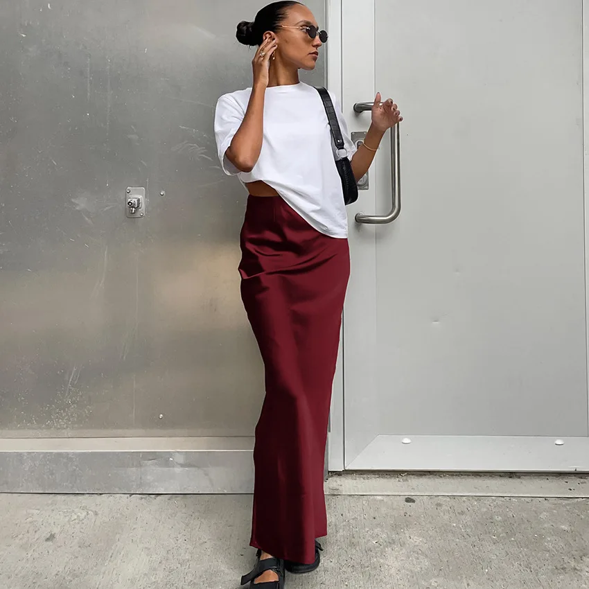 Elegant Satin Black Trumpet Skirts Fashion Slim High Waist Skirts Women Female 2024 Solid Office Long Skirt Spring Summer