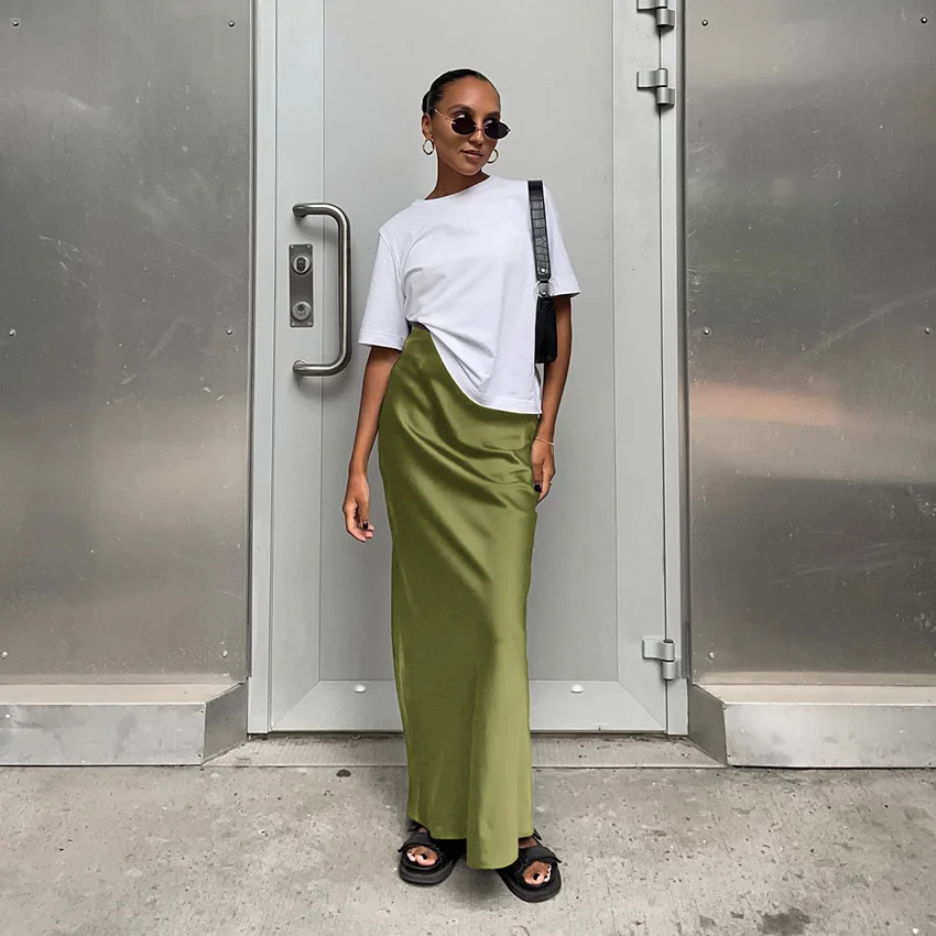 Elegant Satin Black Trumpet Skirts Fashion Slim High Waist Skirts Women Female 2024 Solid Office Long Skirt Spring Summer