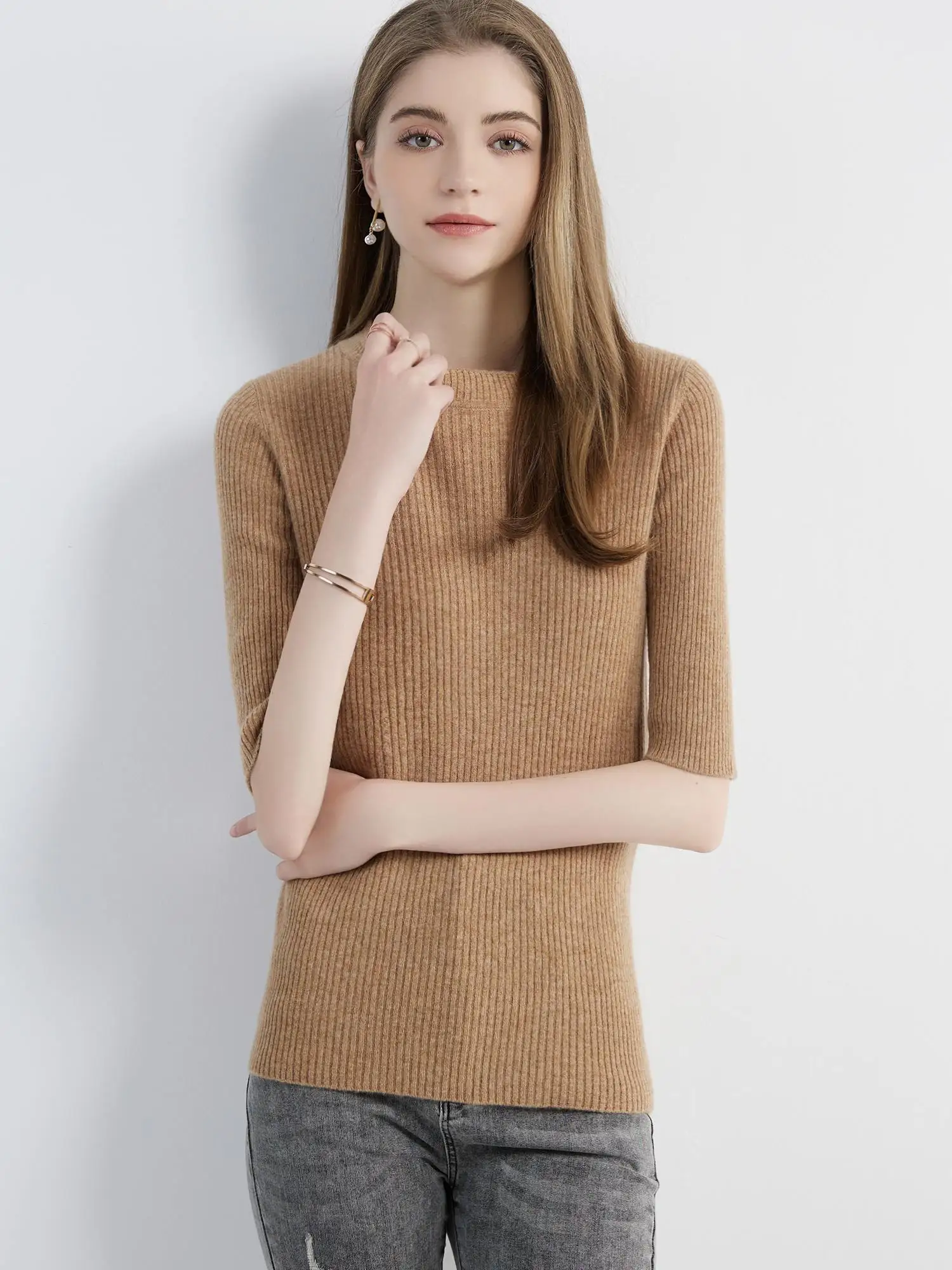 Women's Sweater Knitwears Tops 100% Pure Wool O-neck Short Sleeve Sweaters Pullover Jumper Knit Women Clothes Korean Fashion y2k