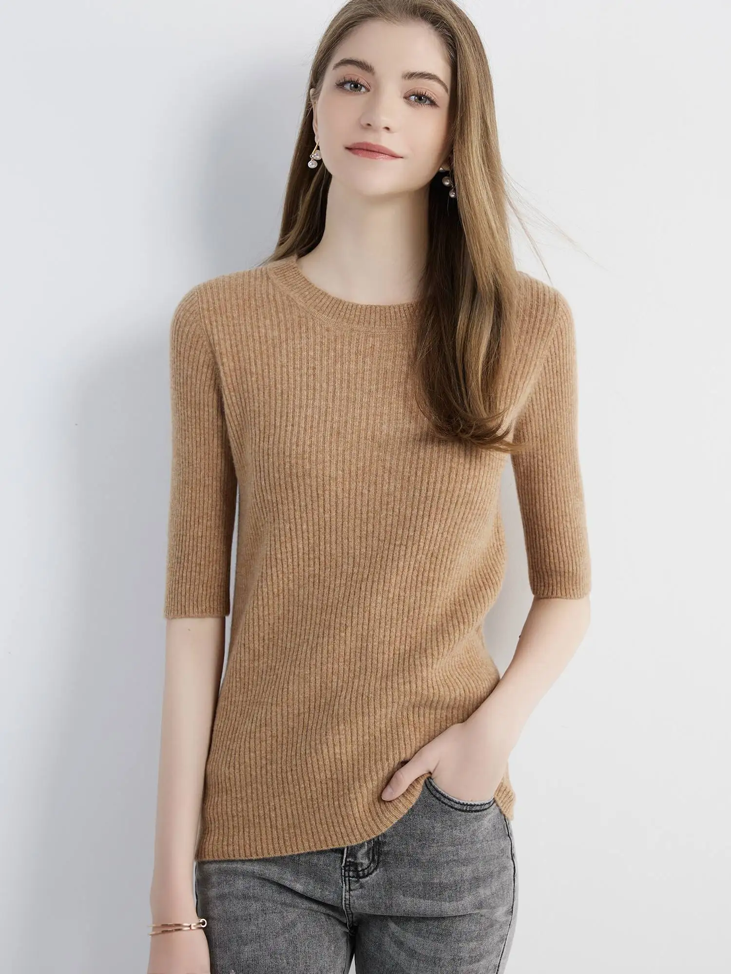 Women's Sweater Knitwears Tops 100% Pure Wool O-neck Short Sleeve Sweaters Pullover Jumper Knit Women Clothes Korean Fashion y2k