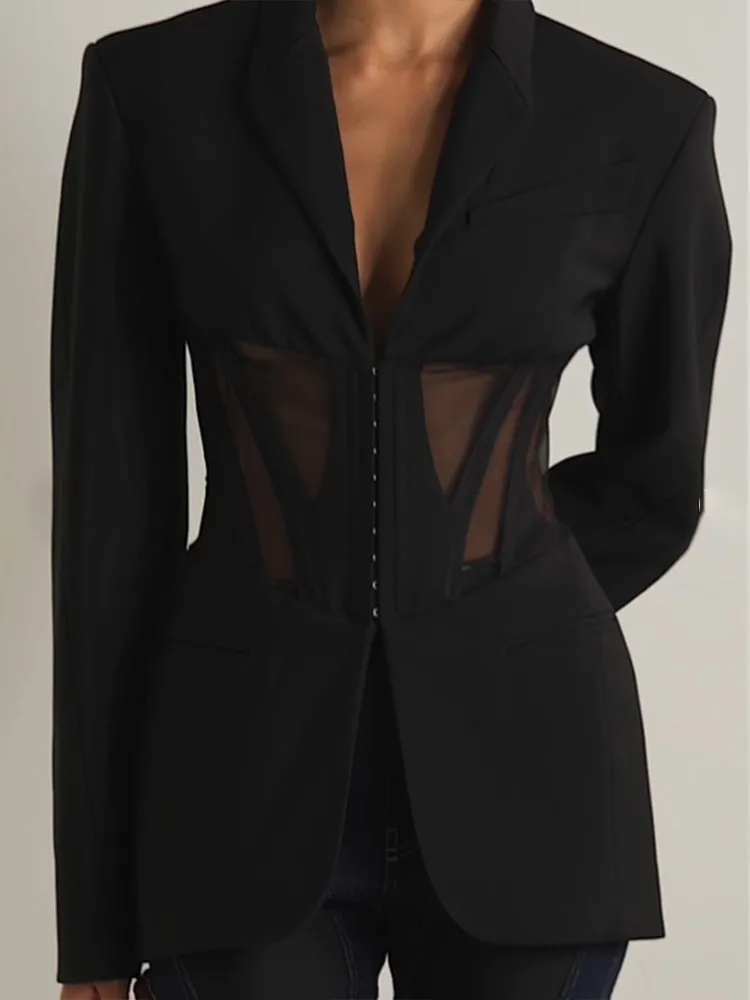 TWOTWINSTYLE Solid Spliced Sheer Mesh Blazers For Women Notched Collar Long Sleeve Tunic Patchwork Botton Blazer Female Fashion