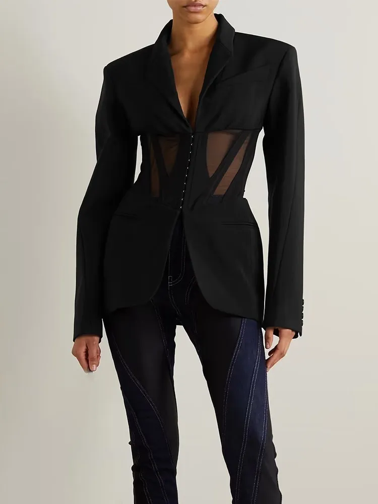 TWOTWINSTYLE Solid Spliced Sheer Mesh Blazers For Women Notched Collar Long Sleeve Tunic Patchwork Botton Blazer Female Fashion