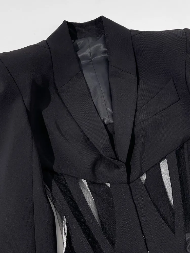 TWOTWINSTYLE Solid Spliced Sheer Mesh Blazers For Women Notched Collar Long Sleeve Tunic Patchwork Botton Blazer Female Fashion