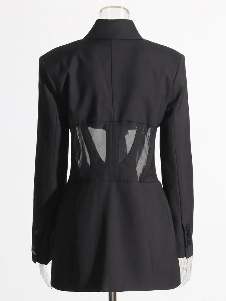 TWOTWINSTYLE Solid Spliced Sheer Mesh Blazers For Women Notched Collar Long Sleeve Tunic Patchwork Botton Blazer Female Fashion