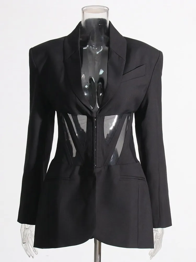 TWOTWINSTYLE Solid Spliced Sheer Mesh Blazers For Women Notched Collar Long Sleeve Tunic Patchwork Botton Blazer Female Fashion